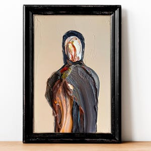 Retrato abstracto de un hombre, retrato de una persona de pie, arte masculino surrealista pequeño, pintura al óleo original única, arte surrealista moderno