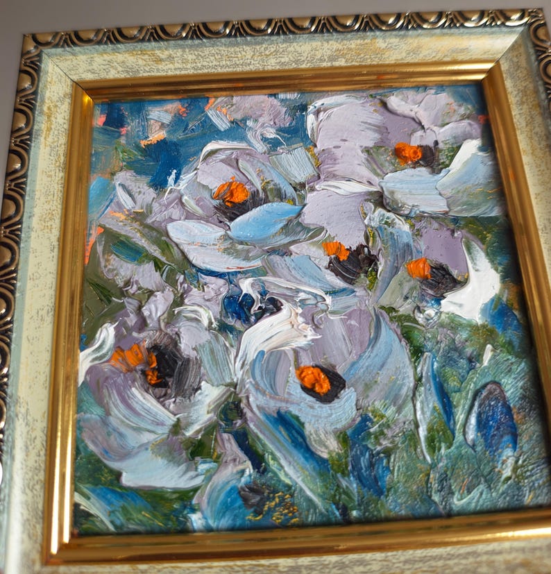 Original Anemones Painting Flower Art Blue Wildflowers 4x4 Original Oil