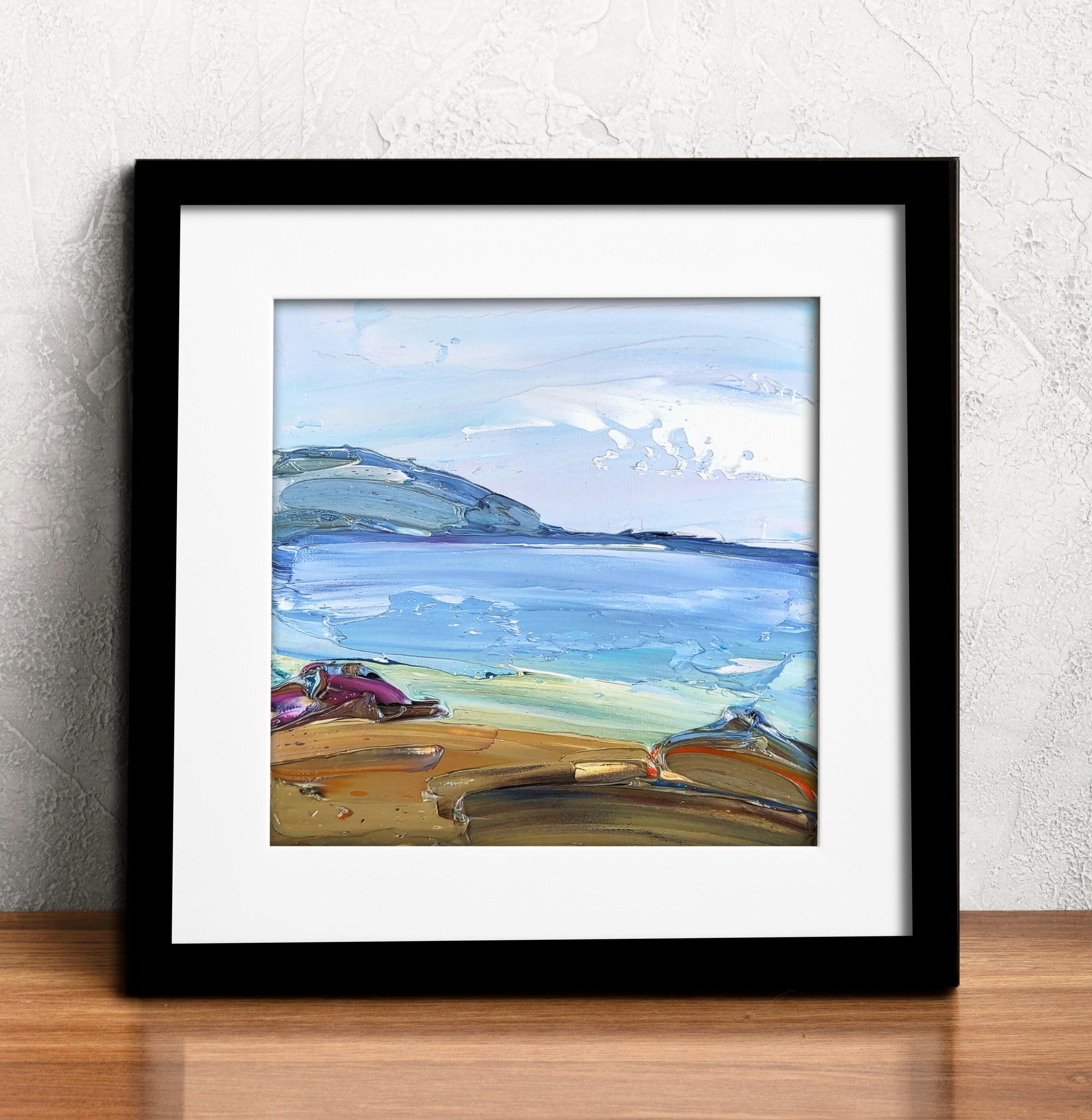 サニーアイルズビーチの絵画：オリジナルの青い海景アート（5.9x5.9