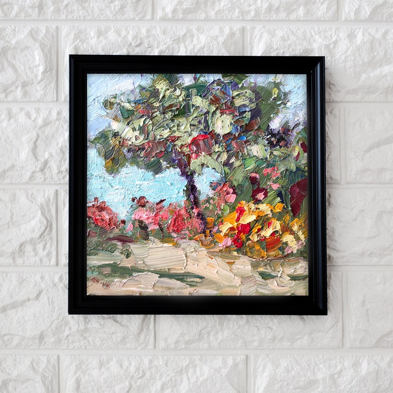 Flowers Tuscany Abstract Oil Painting Wall Art Unframed Cardboard Red Flower Square Painting Italy Provance Landscape Small Artwork Blue Sky