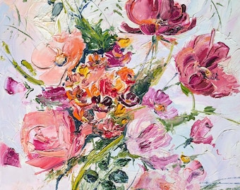 Ölgemälde mit Pfingstrosen: Florale Impasto-Technik, leuchtende Farben, 16x16