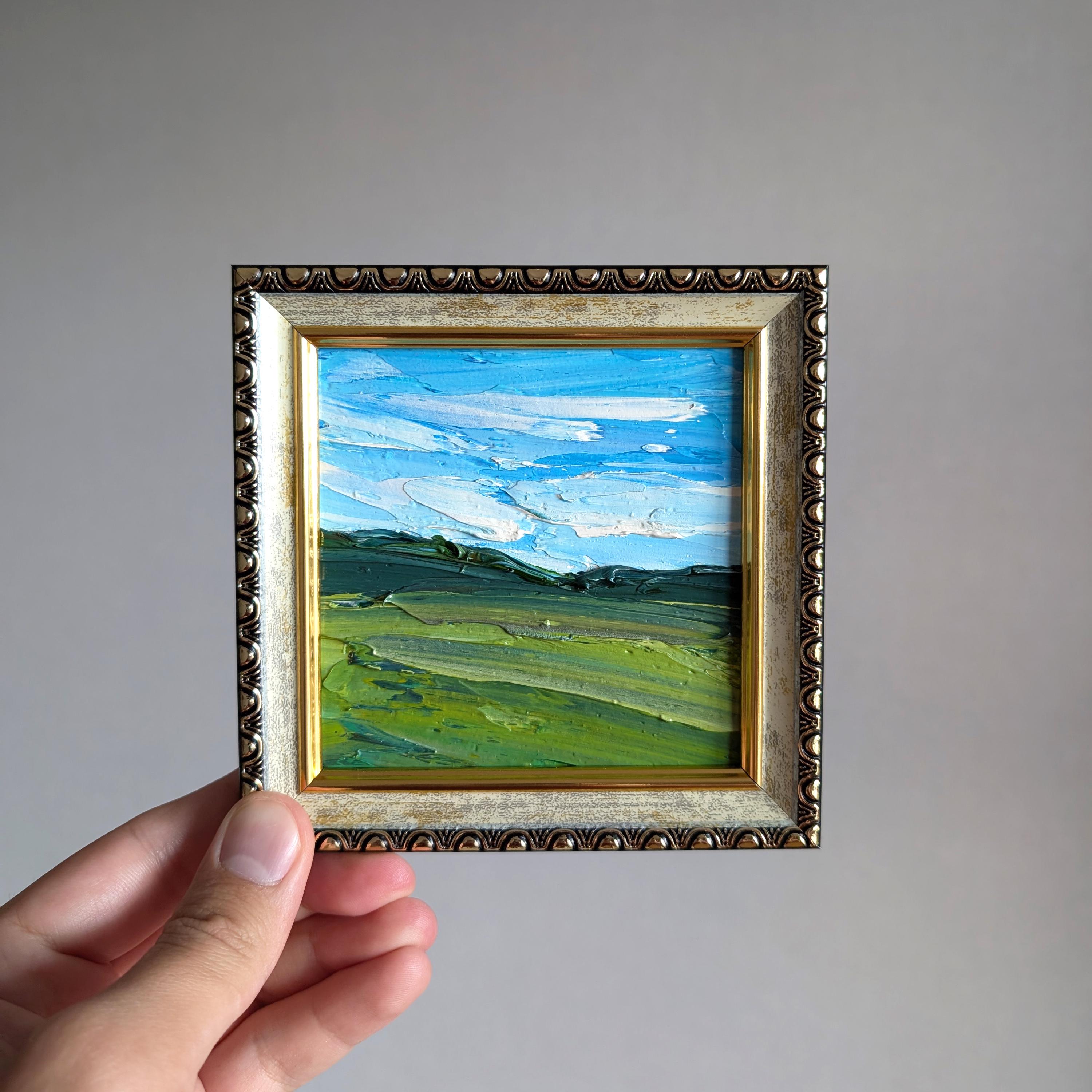 Framed Small 4x4" Blue Sky Painting Arizona Textured Art Landscape Original Painting Abstract Art Warm Filed Happy Art Modern USA Farmhouse