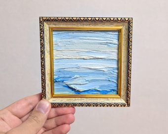 Framed Sea Painting Blue Original Oil Painting Painting 4x4 Clouds Ocean Minimalist Painting Modern Painting Original Artwork Ready To Hang