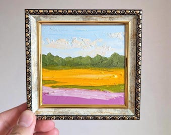 Pink and Yellow Field Painting, Original Small Impasto Art, Framed Miniature Countryside Landscape