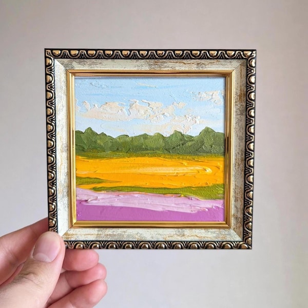 Pink and Yellow Field Painting, Original Small Impasto Art, Framed Miniature Countryside Landscape