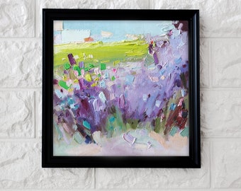 キャンバスに描かれた紫色の花の油絵：正方形の花の風景画（11.8インチ