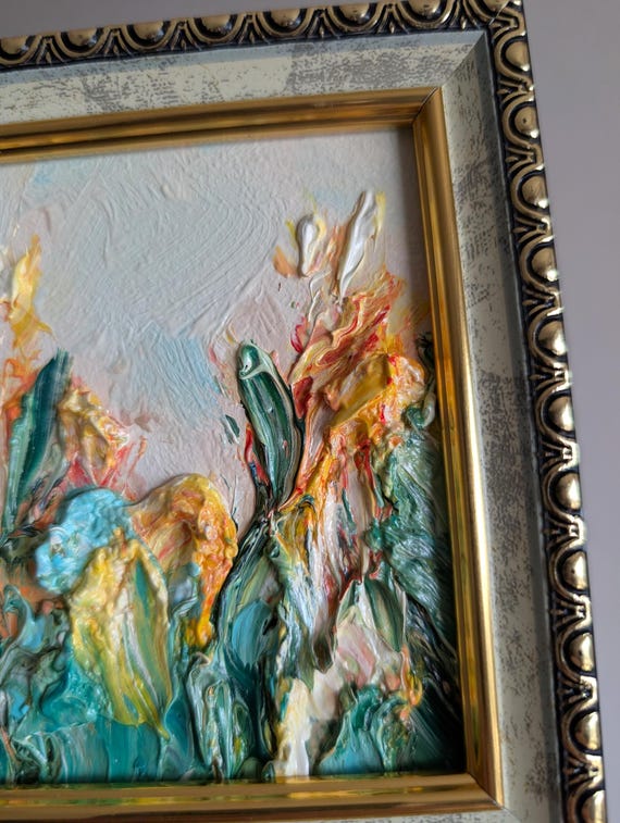 Beige Wildflowers Oil Painting: Green Impasto Floral Art, Framed