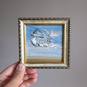 Pintura a óleo pequena emoldurada, arte original, pintura de paisagem, arte de colinas verdes, pronta para pendurar, arte de parede quadrada 4x4, arte original pintada à mão