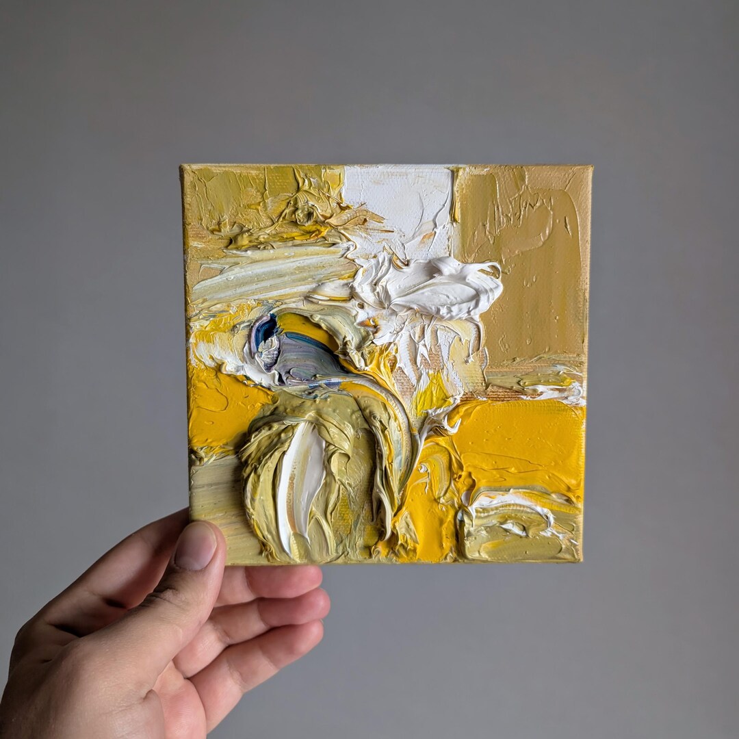 テクスチャードイエロー抽象油絵：現代アート、6x6インチ - Etsy 日本