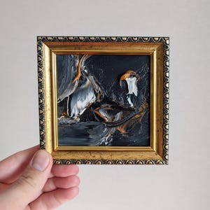 Pintura al óleo original abstracta de 4 x 4 pulgadas, obra de arte pequeña enmarcada en cartón, arte de pared compacto, pintura pequeña en miniatura en marco