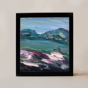 Paisagem de Wyoming, Lago Cinza, Chuvoso, Pintura a Óleo, Pintura Abstrata Original, 7x8, Verde Suave, Arte de Parede, Moderna, Pequeno Lago Frio, Montanhas, EUA, Arte