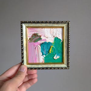 Pintura al óleo original texturizada, pequeña pintura abstracta de menta, arte verde claro y amarillo, arte pequeño enmarcado, arte empaste 4x4, arte contemporáneo diminuto
