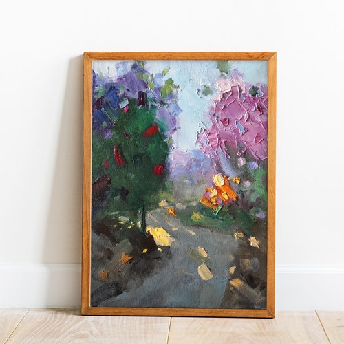 Green Trees Original Oil shops Painting Park Landscape On Canvas Summer Colorful Blooming Yellow Sunshine Rays Path In The NY Park Landscape Art