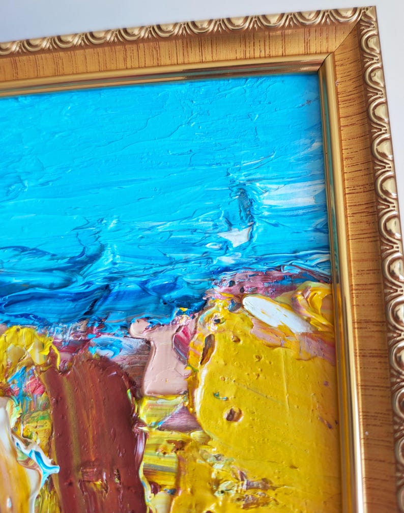 Framed 6x6 Abstract Painting Yellow Wall Art Blue Square Wall Decor