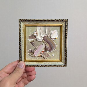Muted Gray Abstract Oil Painting: Miniature Framed Artwork (4x4 inch) Minimalist Grey Original Art in Frame