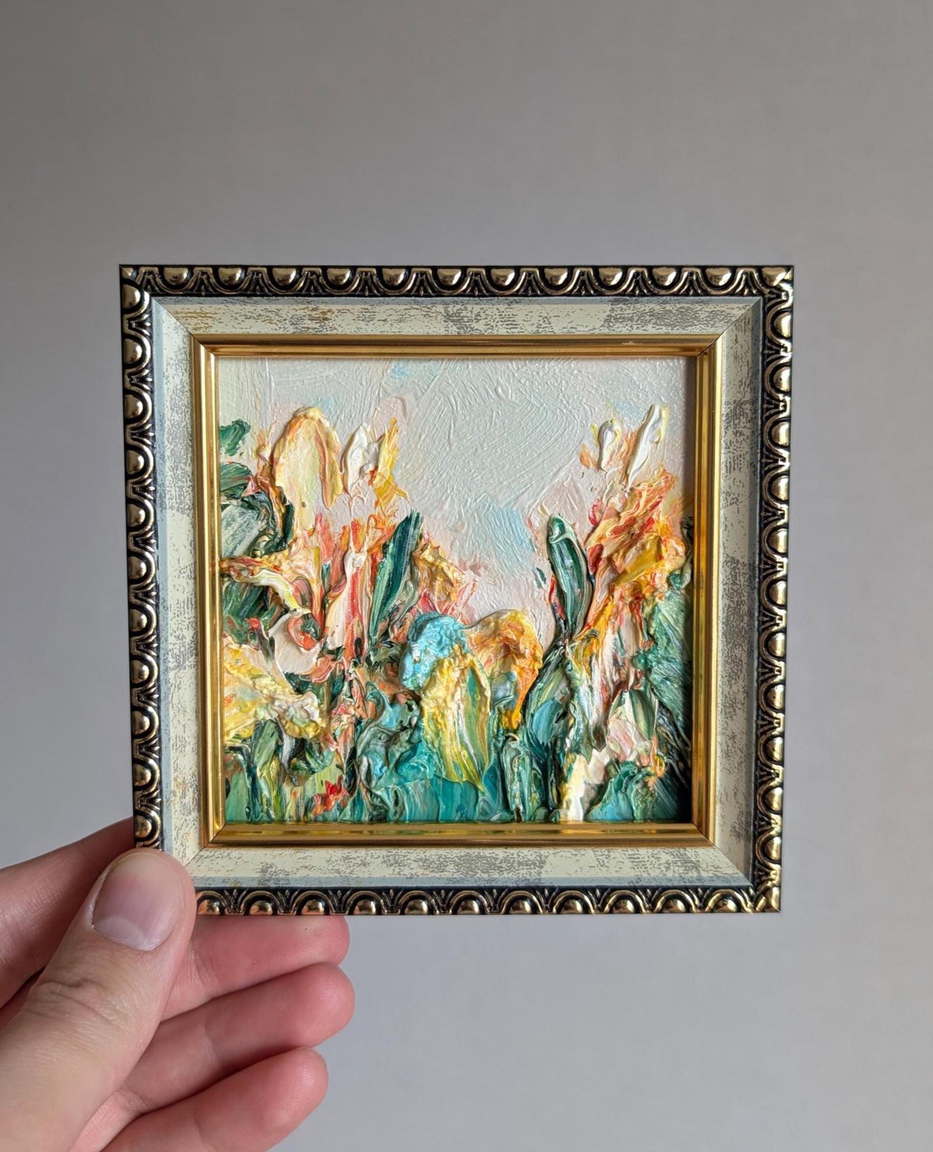 Beige Wildflowers Oil Painting: Green Impasto Floral Art, Framed