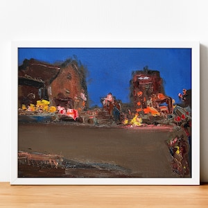 Pintura de cidade noturna, paisagem noturna, arte abstrata, paisagem urbana, pintura a óleo original, cidade velha, pequena pintura em papelão, arte original