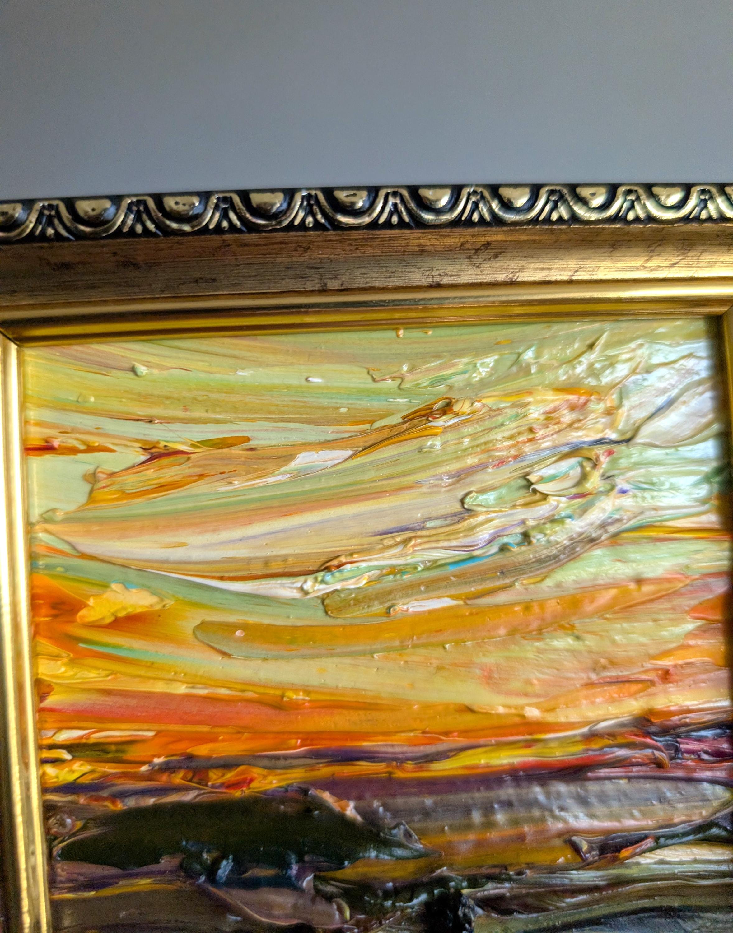 Miniature Mountain Landscape Oil Painting Yellow Sky & Brown