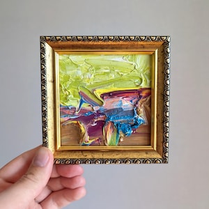 Pequeño regalo, pintura al óleo original enmarcada de 4 x 4 pulgadas, arte mural pequeño, pintura al óleo abstracta, arte mural moderno, arte contemporáneo, pintura empastada.