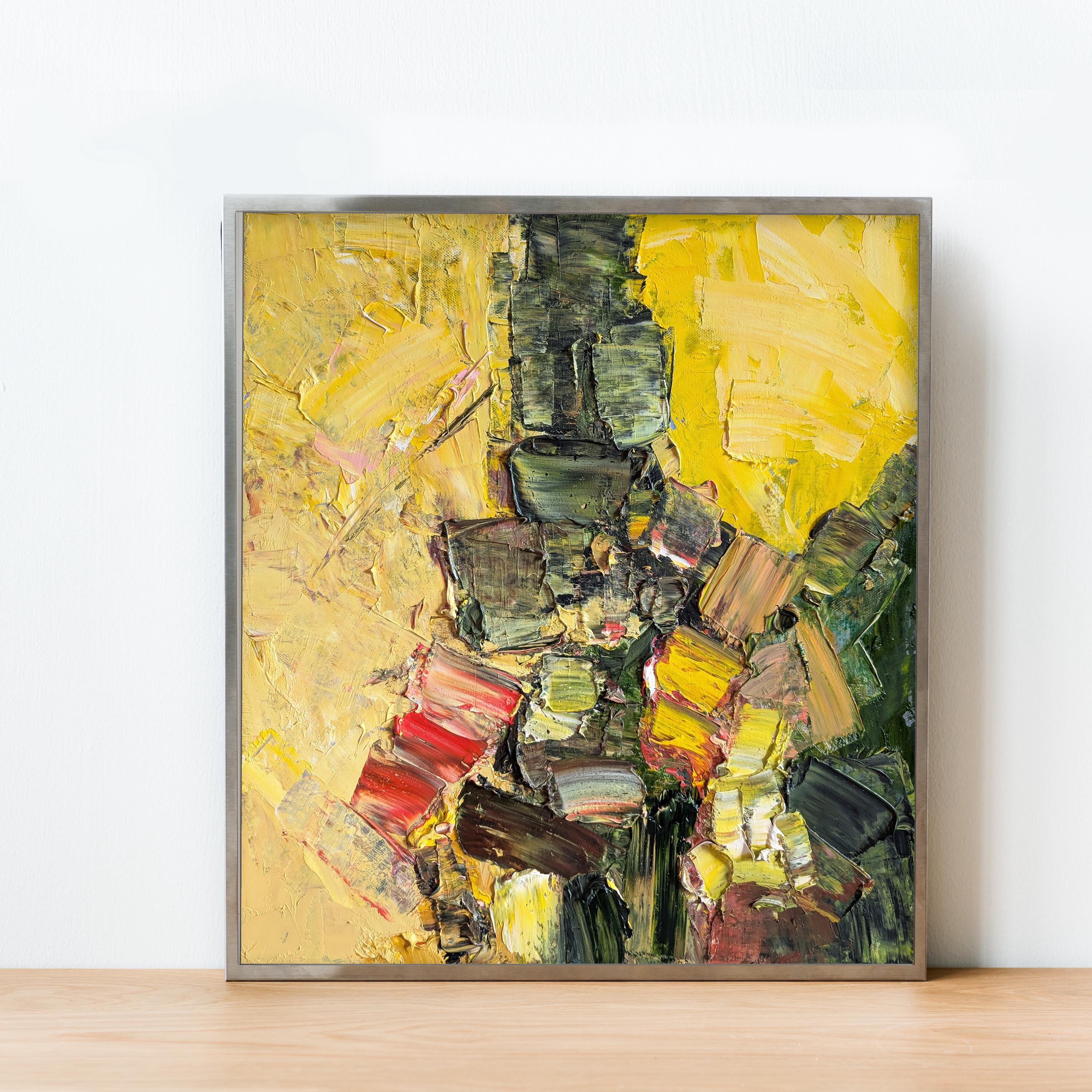 テクスチャのある抽象油絵：黄色、緑、赤の折衷的なアート - Etsy 日本