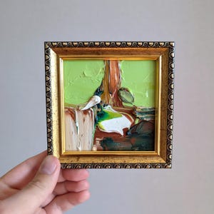 Pintura al óleo pequeña enmarcada Pintura al óleo texturizada con marco Pintura única hecha a mano Pintura de textura gruesa Mini pintura al óleo enmarcada