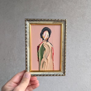 Miniature Abstract Woman Portrait Painting, Surreal Girl Original Art Modern Oil Artwork (4x6)