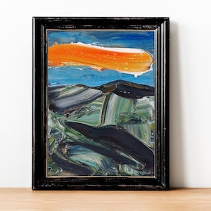 Paysage abstrait vert montagnes noires, peinture 3D, oeuvre d'art originale à l'huile, moderne texturé, art contemporain, gris, texture massive, empâtement