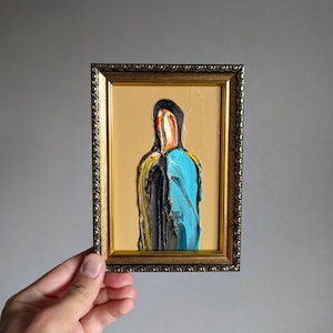 Retrato abstracto, pintura al óleo sobre cartón, arte original, retrato surrealista, retrato de hombre, arte masculino, arte de pared único y moderno, arte naranja oscuro