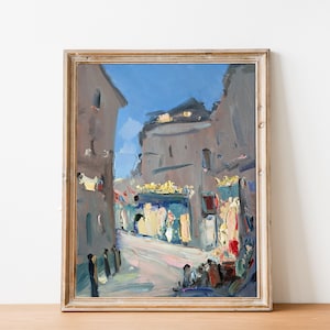 Night City Original Oil Painting Evening Street Landscape Dark Blue Sky Lights Cityscape Artwork On Canvas Textured Colorful Wall Decor