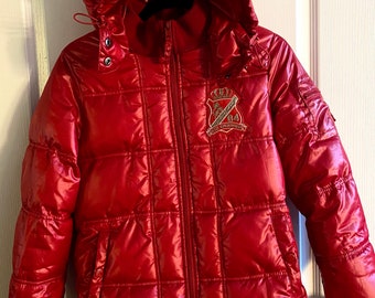 red shiny puffer jacket