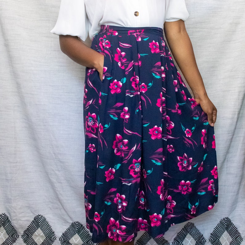 Vintage Pink and Navy Floral Midi Skirt