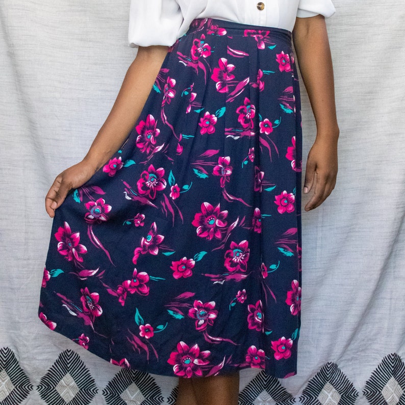 Vintage Pink and Navy Floral Midi Skirt