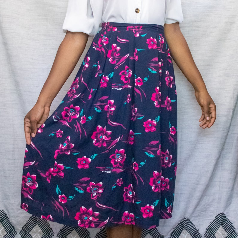 Vintage Pink and Navy Floral Midi Skirt