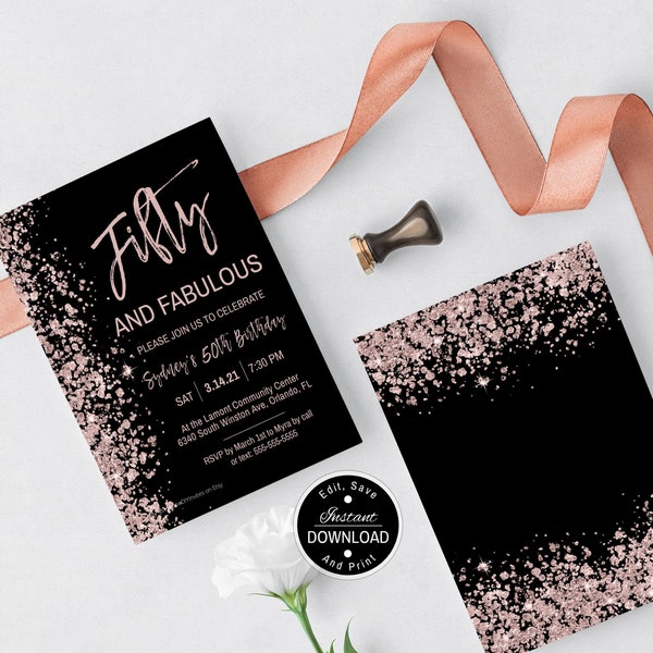 50 and Fabulous Birthday Invitation Template for Woman / Black and Rose Gold / Personalize with Corjl