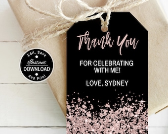 Black and Rose Gold Gift Tag / 50 and Fabulous Birthday Favor Tag / Adult Birthday Favor Tag / Thank You Tag / Personalize with Corjl
