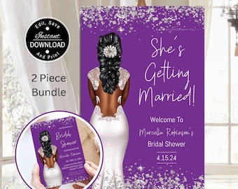 Bridal Shower Invitation and Welcome Sign Bundle, African American Bride, Purple and Silver, Melanin Invite, Try Before You Buy with Corjl