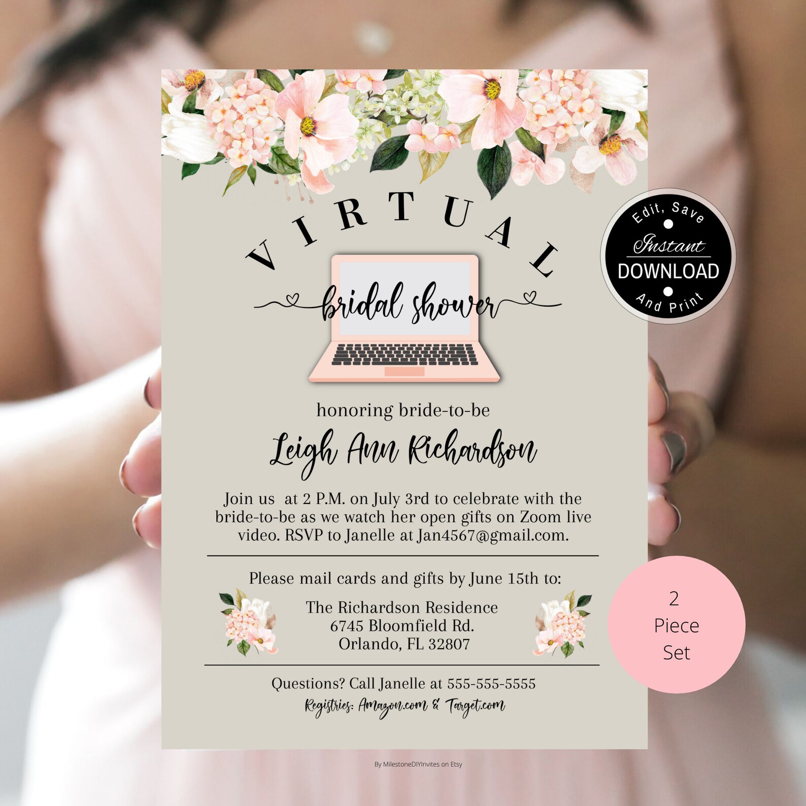 Virtual Bridal Shower Invitation Set / Blush Pink & Gray / Etsy