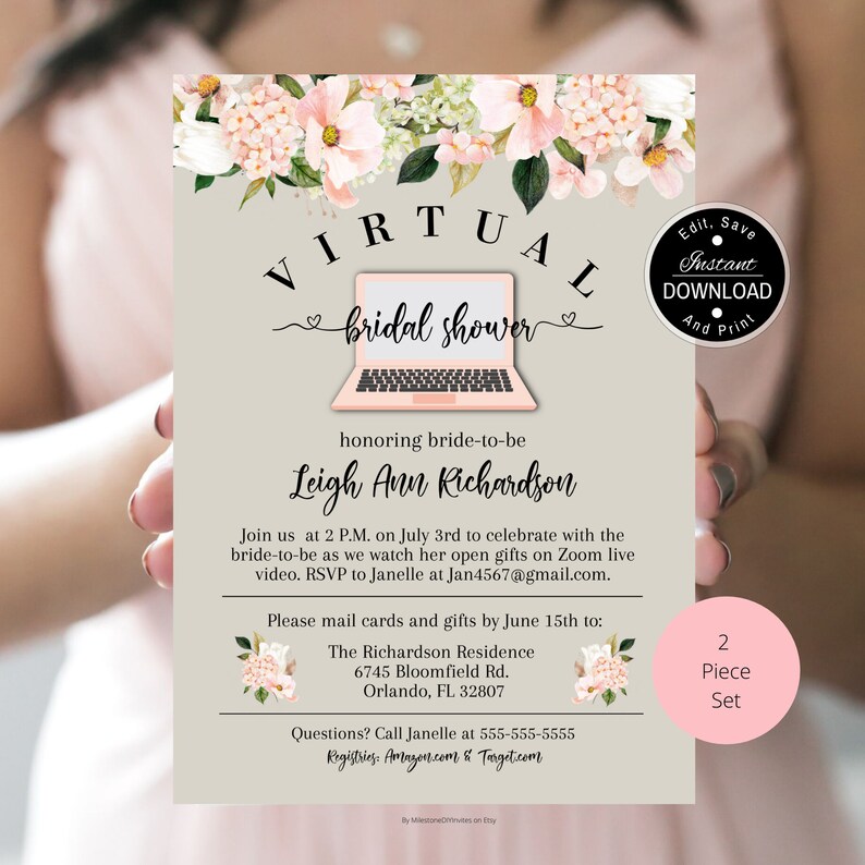 Virtual Bridal Shower Invitation Set / Blush Pink & Gray / Etsy