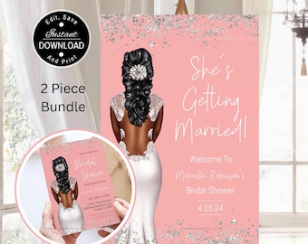 Bridal Shower Invitation and Welcome Sign Bundle, African American Bride, Pink and Silver, Melanin Invite, Try Before You Buy with Corjl