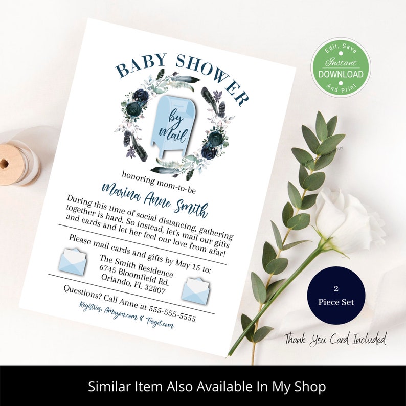 Virtual Baby Shower Invitation Template Set / Pink and Gray Etsy