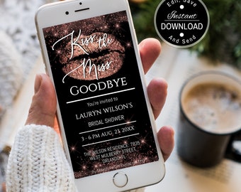 Kiss the Miss Goodbye Invitation, Bridal Shower Invite , Bachelorette Party Invite, Text Message Invite, Instant Download, Editable Template