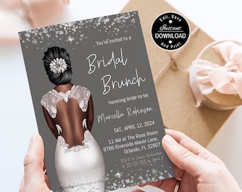 Bridal Brunch Invitation, African American Bridal Shower Invitation, Gray and Silver, Try Before You Buy with Corjl - Link In Description
