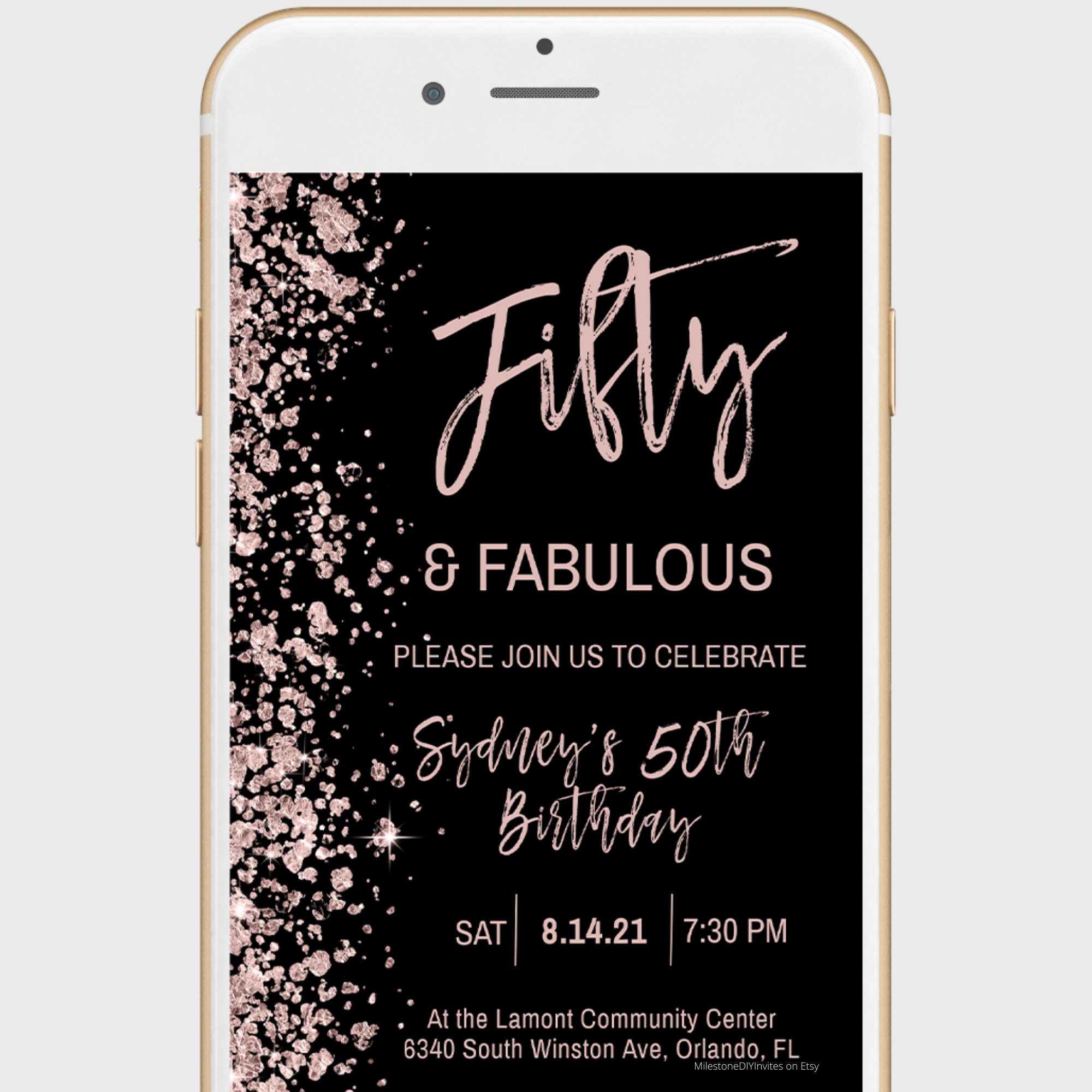 Electronic Birthday Invitation Template for Women / 50 & Fabulous / Black and Rose Gold / Email
