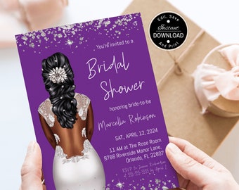Bridal Shower Invitation, African American Bride, Purple and Silver, Melanin Invite, Try Before You Buy with Corjl - Link In Description
