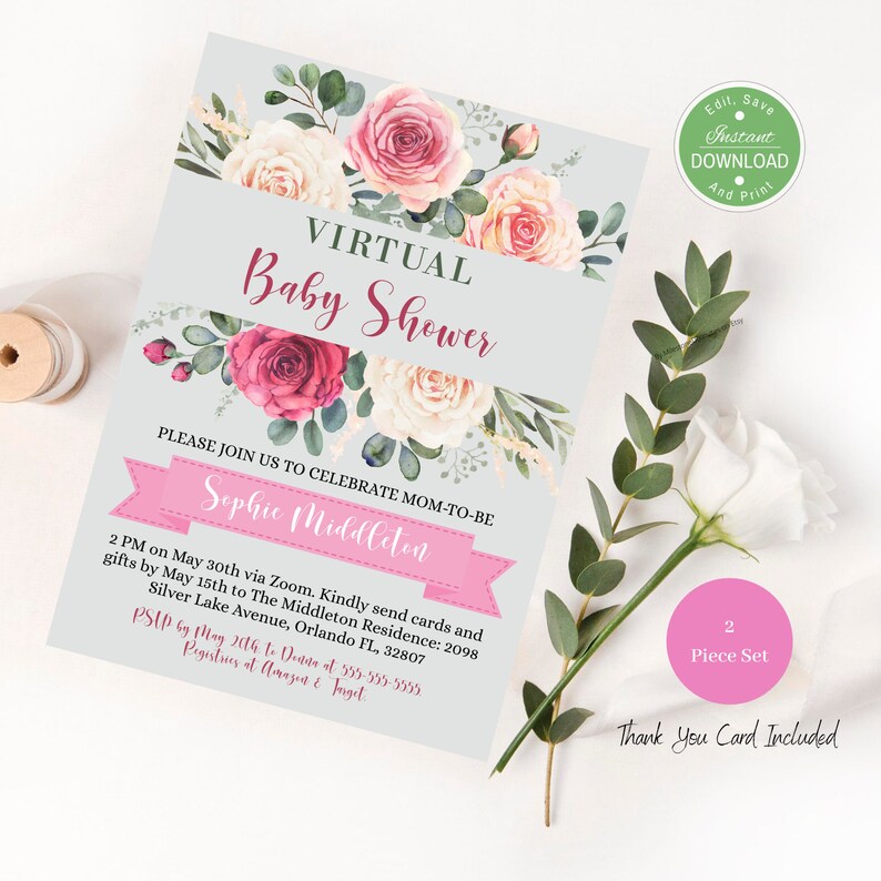 Virtual Baby Shower Invitation Template Set / Pink and Gray Etsy