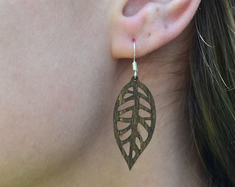 Handcrafted Sterling Silver Earrings - Elegant Wooden Leaf Design, Laser-Cut Nature-Inspired Jewelry