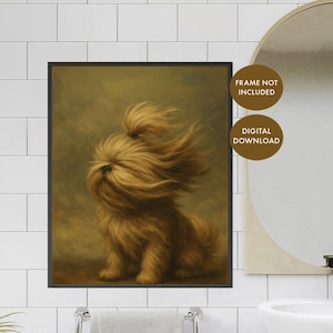 May include: A framed digital print of a fluffy, light brown dog with wind-swept fur. The artwork features a seated dog with its fur blowing in the wind. The print is labeled "FRAME NOT INCLUDED" and "DIGITAL DOWNLOAD".
