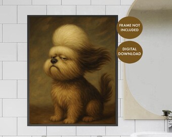 May include: A framed print featuring a whimsical illustration of a dog with a fluffy, light brown and cream-colored fur. The dog has a grumpy expression. The print is labeled "DIGITAL DOWNLOAD" and "FRAME NOT INCLUDED".