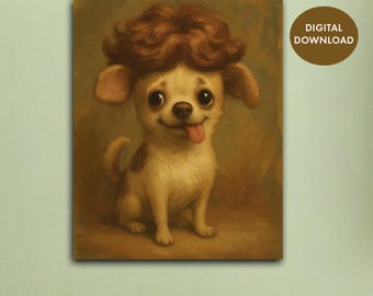 May include: A whimsical painting of a Chihuahua with a brown curly wig. The dog has large, expressive eyes and a pink tongue sticking out. The artwork is set against a muted, olive-green background. The words "DIGITAL DOWNLOAD" are in a brown circle.