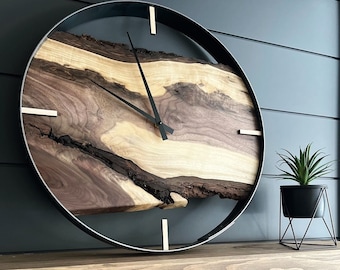 Black Walnut Live Edge Wood Wall Clock - 21" Modern Rustic Decor